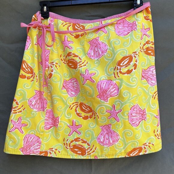 VTG Lilly Pulitzer Reversible Skirt Yellow Pink Shells Patchwork Wrap Preppy - Picture 2 of 9